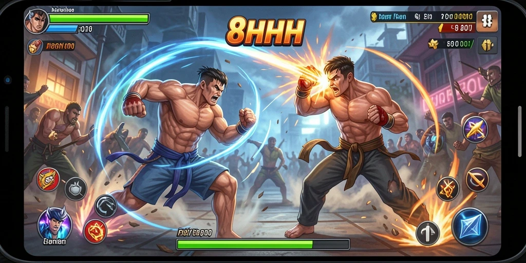 Gameplay seru 8HHH dengan pertarungan mendebarkan dan karakter unik.