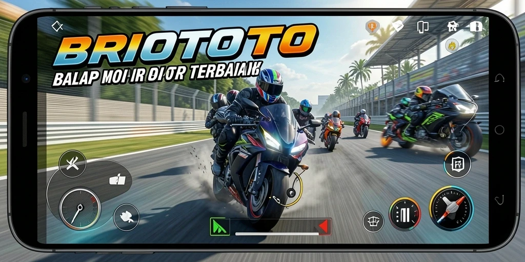 Screenshot gameplay BRIOTOTO yang menunjukkan balapan motor yang intens.