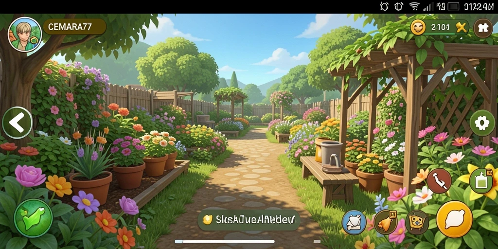 Screenshot utama CEMARA77 menunjukkan pemain merawat kebun dengan berbagai tanaman.