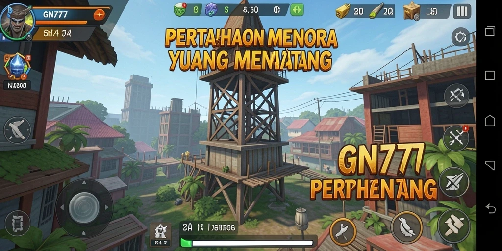 Screenshot gameplay Tower Defense GN777 dengan menara dan musuh yang beragam.