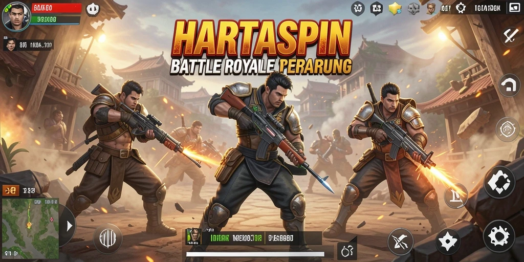 Gameplay HARTASPIN menampilkan pertarungan seru di arena Battle Royale.