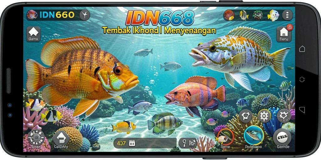 Tampilan gameplay seru dalam IDN668 saat menembak ikan.