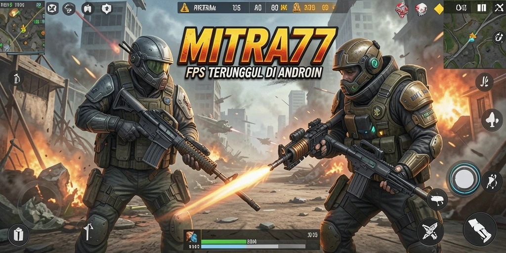 Screenshot utama MITRA77 menampilkan aksi tembak-menembak yang intens.