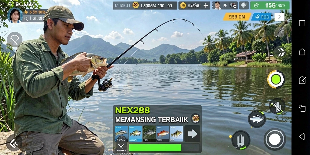 Screenshot gameplay menampilkan serunya menangkap ikan di NEX288.