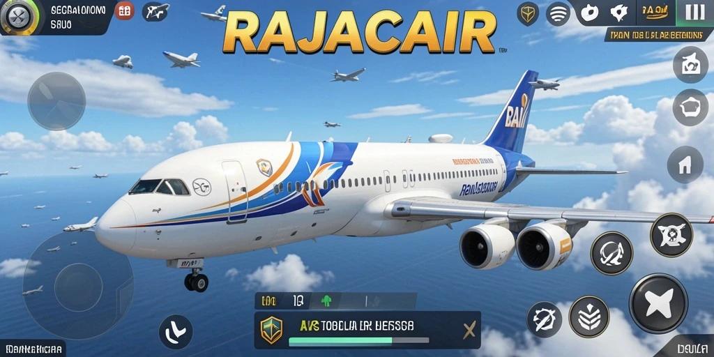 Screenshot utama RAJACAIR menampilkan gameplay simulasi penerbangan yang mendalam.