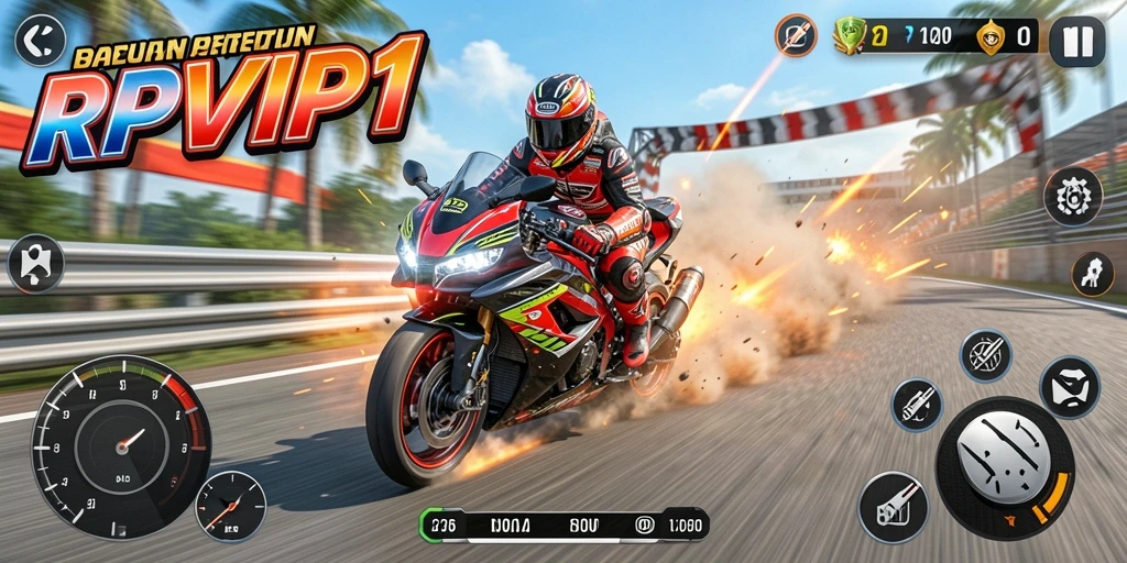 Tampilan gameplay RPVIP1 yang mendebarkan dengan balapan motor yang cepat.