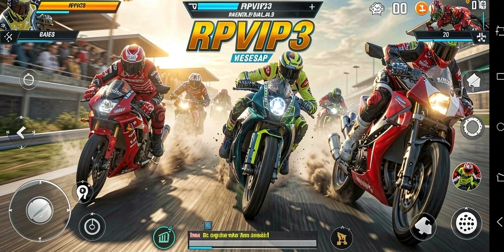 Screenshot gameplay RPVIP3 dengan mobil balap yang melaju kencang.