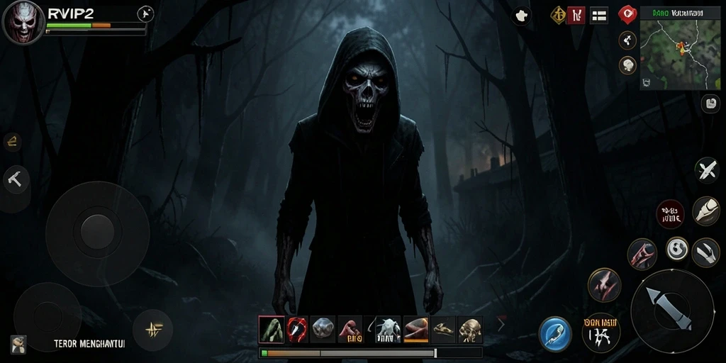 Gameplay horor yang menegangkan dengan suasana gelap dan misterius.