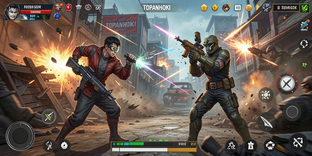 Screenshot gameplay menampilkan pertempuran intens di TOPANHOKI.
